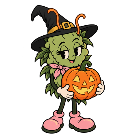 Miss Bud, la mascotte de La Voie Verte, en sorcière, sa citrouille sous le bras