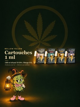 Quatre cartouches Mellow Fellow 1 ml devant leurs étuis, CBD et Infused