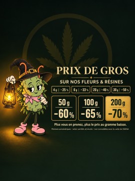 Prix de gros fleurs et résines : -25 % dès 4 g, -33 % dès 6 g, -40 % dès 20 g, -50 % dès 30 g, -60 % dès 50 g, -65 % dès 100 g, -70 % dès 200 g